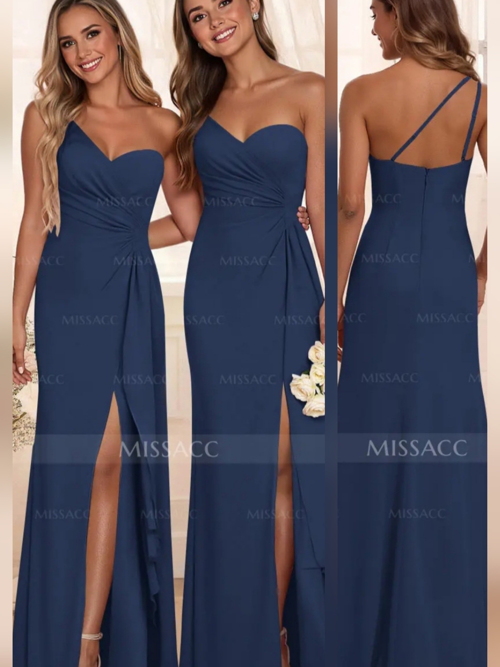 MISSA One-Shoulder Navy Blue Evening Gown